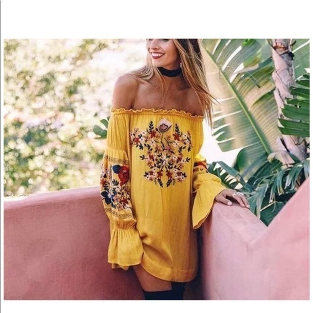 R. Vivimos Yellow Floral Embroidered Off-Shoulder Dress | Size M